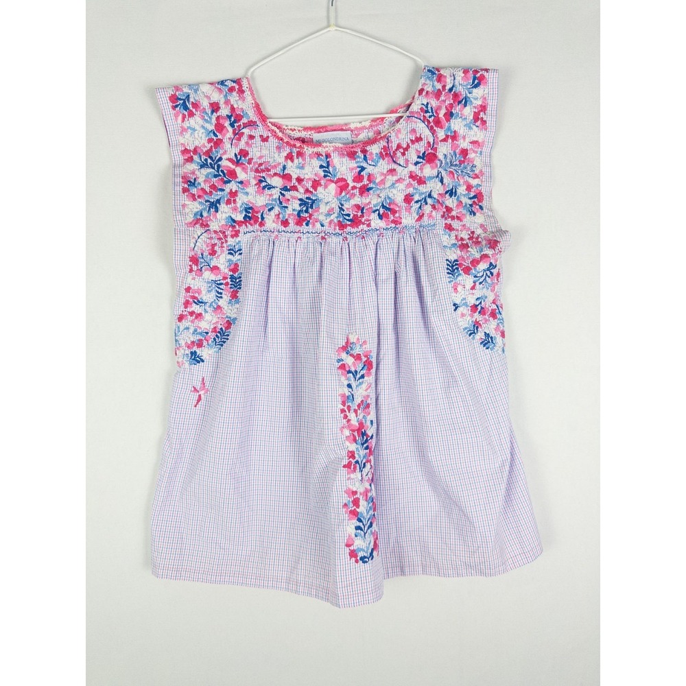 Mi Golondrina Womens Embroidered Blouse M Pink Blue Gingham Floral‎ Mexican Top